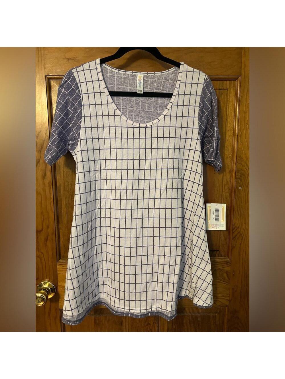 LuLaRoe Perfect T Top T Shirt Tunic White Purple Stripes Flowy Blouse Small NWT